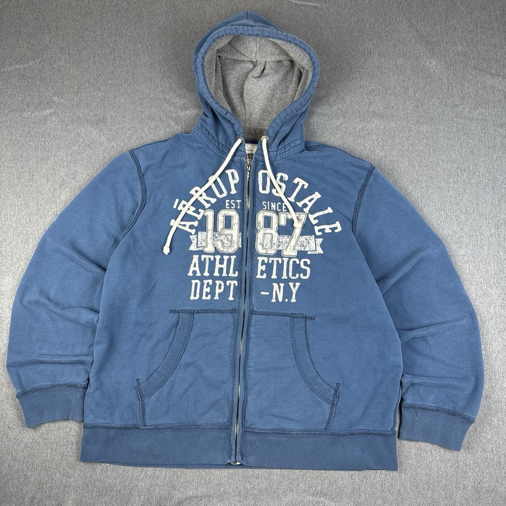 Aeropostale Men Size 2XL Zip up Hoodie Blue Distressed White Embroidered STAINS